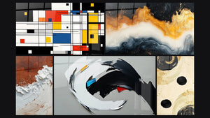 Mosaico de cinco cuadros, entre ellos Composición geométrica colorida y Abstracta Tierra y Blanco Material Grueso