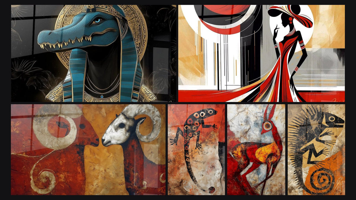 Mozaïek van zes schilderijen, waaronder 'Kunst van Verfijning', Ram met spiraalvormige horens en Prehistorische leguaan