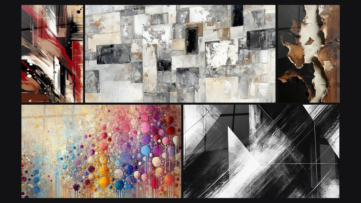 Mosaic of five paintings, including Structured Disorder Abstract, Abstract Mosaic Wall Art Grey and Beige and Mosaic Spheres