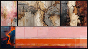 Mosaico de cinco cuadros, entre ellos Sangre de la tierra y Abstracto horizontal rosa coral y burdeos