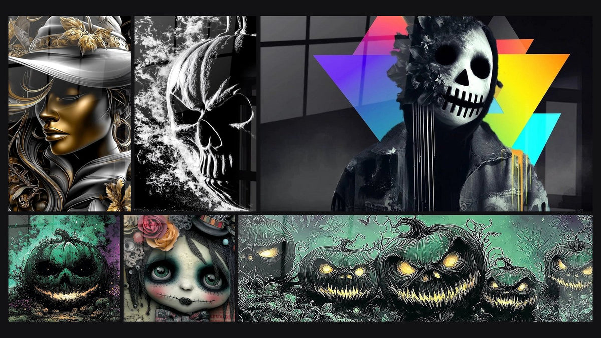 Mosaico de seis cuadros, entre ellos Mujer Misteriosa Magia Negra y Oro y Calavera Vapores del Más Allá