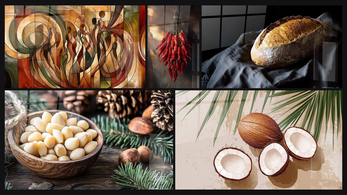 Mosaic of five paintings, including Silhouettes Dance, Chili Wall Art No.1 and Coconut Wall Art N°2
