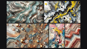 Mosaico de cinco cuadros, entre ellos Curvas Etéreas, Mosaico de Cobre y Explosión de colores