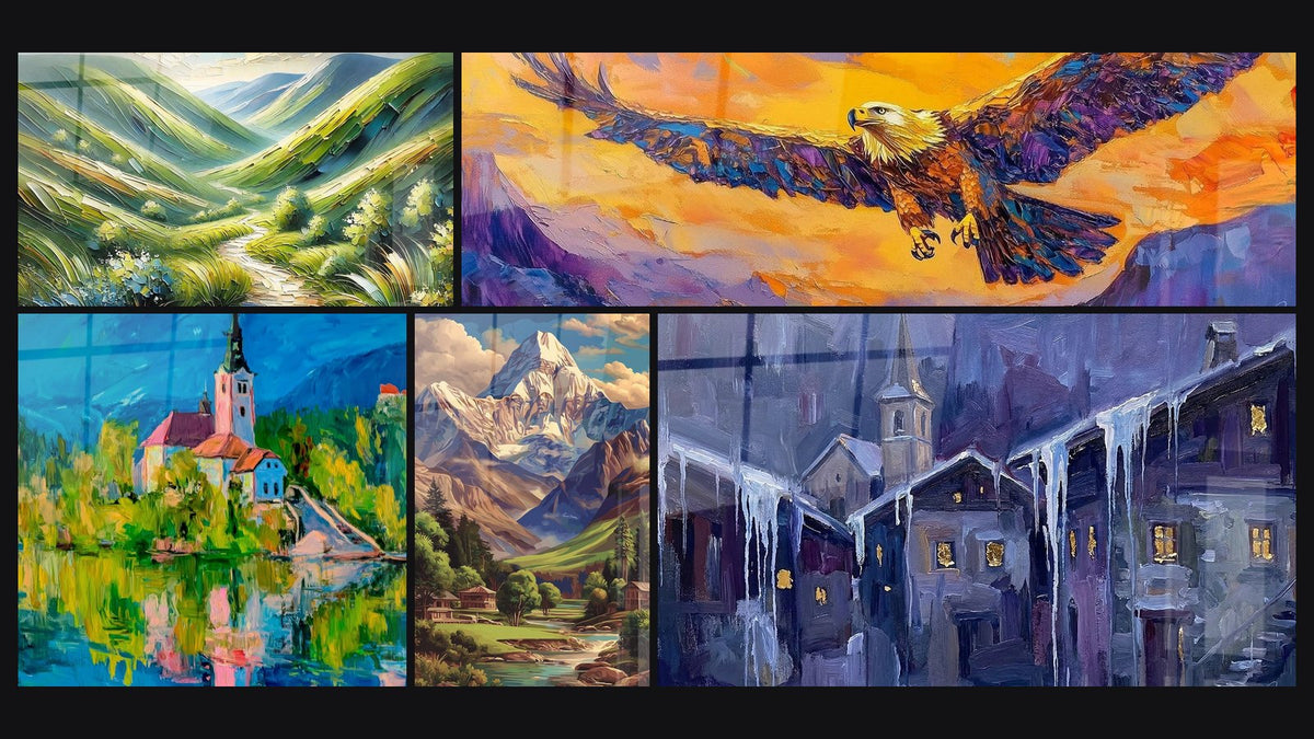 Mosaico di cinque quadri, tra cui Poesia Alpina, Grandezza Alpina Magenta e Chiesa sull'isola alpina