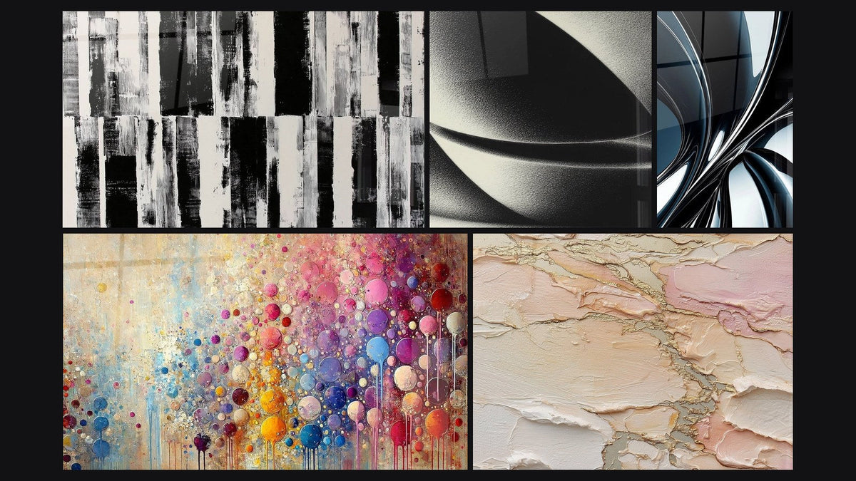 Mosaic of five paintings, including Mosaic Spheres, Abstract textured blush gold beige and Abstract Sphere