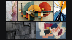 Mosaic of five paintings, including Geometric Circular Revolution, Dynamic Colored Flows and Geometric Forms Square Poetry