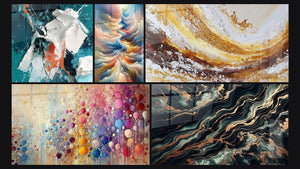 Mosaico de cinco cuadros, entre ellos Blanco Brillante y Sarcelle en Relieve y Resonancia de Tonos Celestes