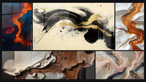 Mosaico de cinco cuadros, entre ellos Sangre de la tierra, Texturas abstractas tierra y blanco roto y Ciervo Pasión Negro