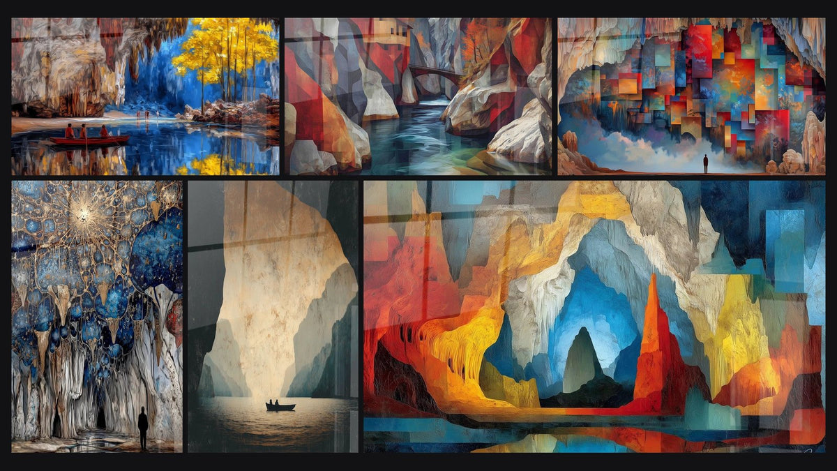Mosaik aus sechs Gemälden, darunter Höhlentafel Cenote Barke und Kubistischer Wassercanyon