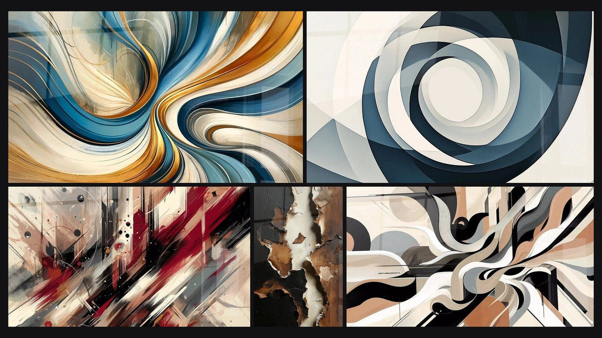 Mosaik aus fünf Gemälden, darunter Elegante Spiralen, Künstlerische Turbulenz und Grafische Vibrationen