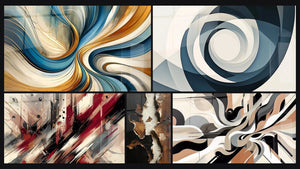 Mosaic of five paintings, including Elegant Spirals, Artistic Turbulence and Graphical Vibrations
