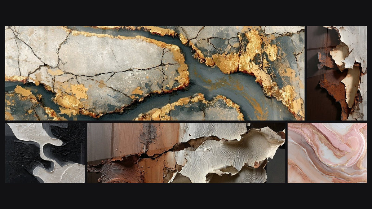 Mosaico di cinque quadri, tra cui Marmo dorato con venature antracite e Astratto cortecce e crepe bianche ocra