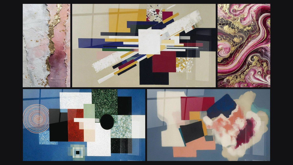 Mosaic of five paintings, including Geometric Forms Square Poetry and Purple Flames
