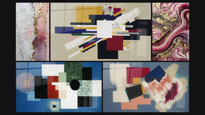 Mosaico de cinco cuadros, entre ellos Composición Geométrica Orden Racional y Composición Geométrica Tensión Creativa