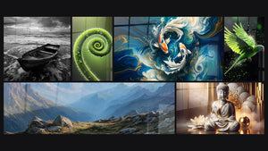Mosaïque de six tableaux, dont Barque échouée sur plage, Paysage montagneux et Spirale de Vie