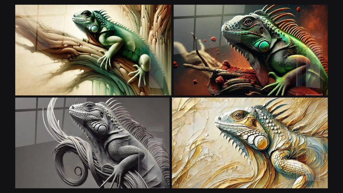 Mosaic of four paintings, including Jungle Guardian, Earth Colors and Camouflage