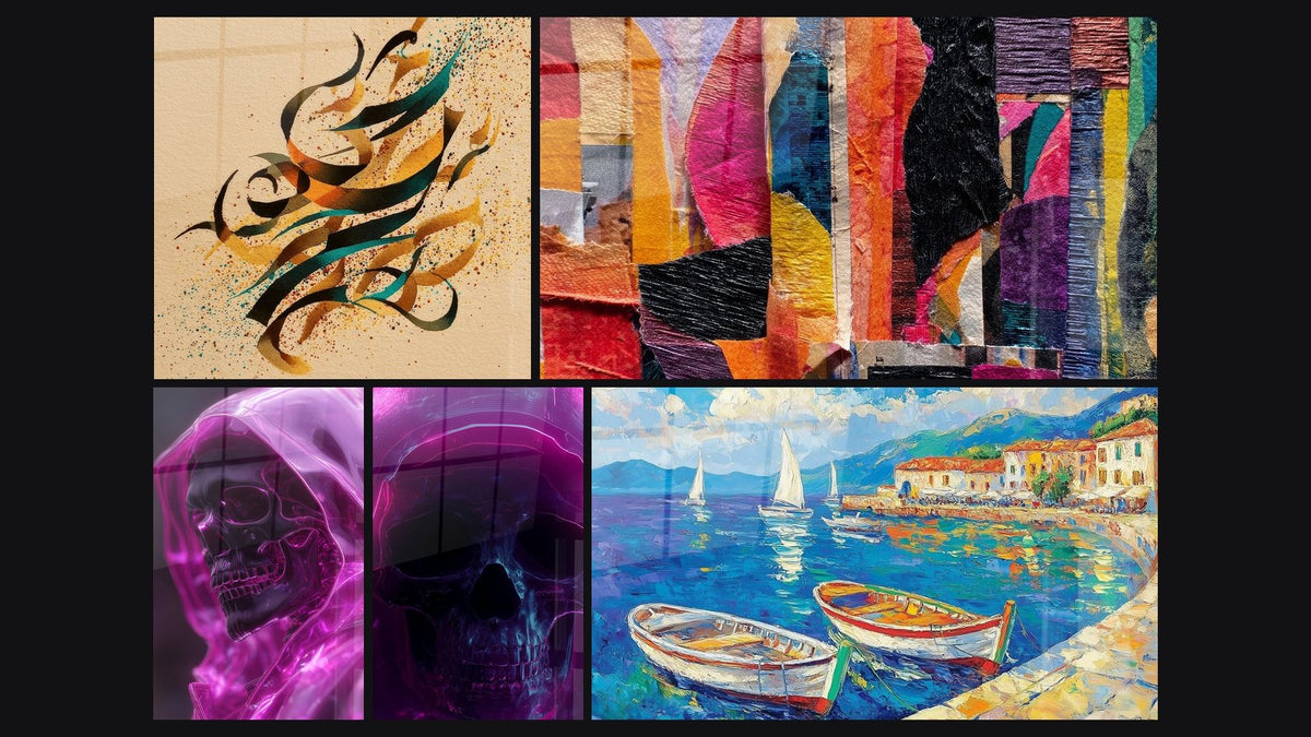 Mosaico de cinco cuadros, entre ellos Caligrafía abstracta, Abstracto multicolor y Puerto N°1