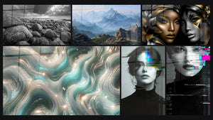 Mosaic of six paintings, including Marine Pebbles, Mountain Landscape and Female Faces