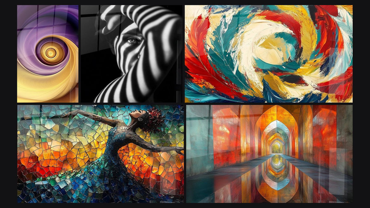 Mosaic of five paintings, including Golden and Violet Spiral, Woman Shadows and Light and Dance Fire Liberation Red