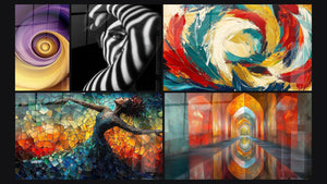 Mosaico de cinco cuadros, entre ellos Espiral dorado y violeta, Mujer Sombras Luminosas y Danza Llama Liberadora Roja