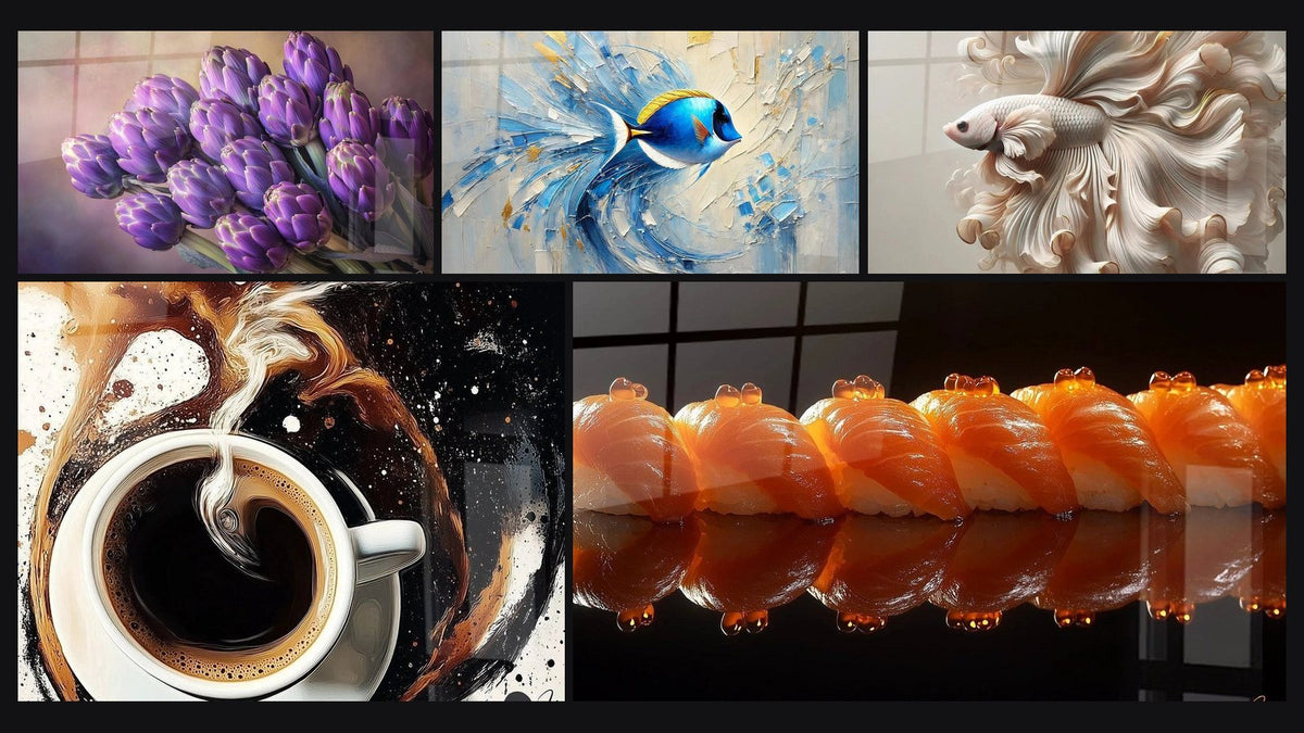 Mosaico di cinque quadri, tra cui Carciofo N°1, Caffè N°2 e Eleganza dei Flussi