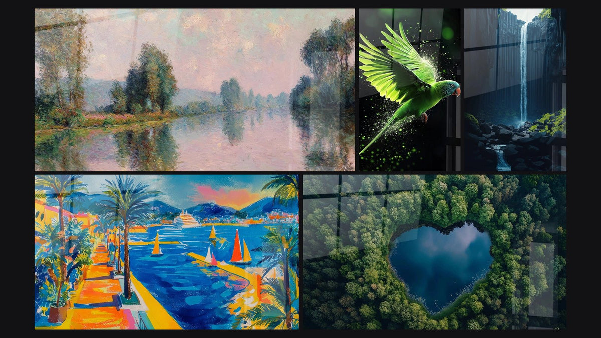 Mozaïek van vijf schilderijen, waaronder Rivierlandschap impressionistisch en Middellandse Zeehaven met palmbomen