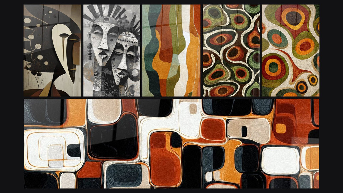 Mosaic of six paintings, including African Heritage Face, Tribal Masks and Geometric Shapes