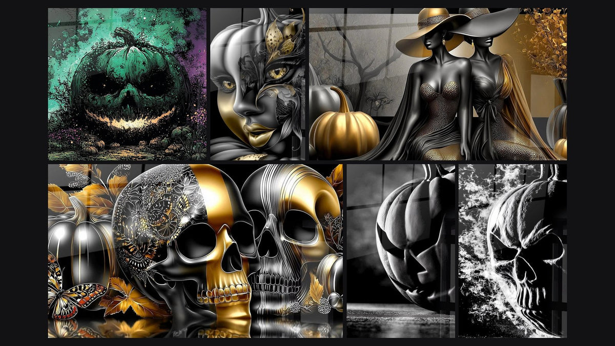 Mosaico di sei quadri, tra cui Zucca Grimace Tenebrosa e Maschera per lo sguardo infestata di
