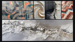 Mosaic of five paintings, including Grey and Coral Circles Intertwined and Textured Relief Golden and White Spiral