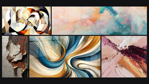 Mosaic of five paintings, including Interlocking circular shapes, Elegant Spirals and Cumulus Floating Pink