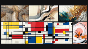 Mosaic of five paintings, including Geometric Composition, Sillage Abstract and Trace Artwork in Gold and Jade