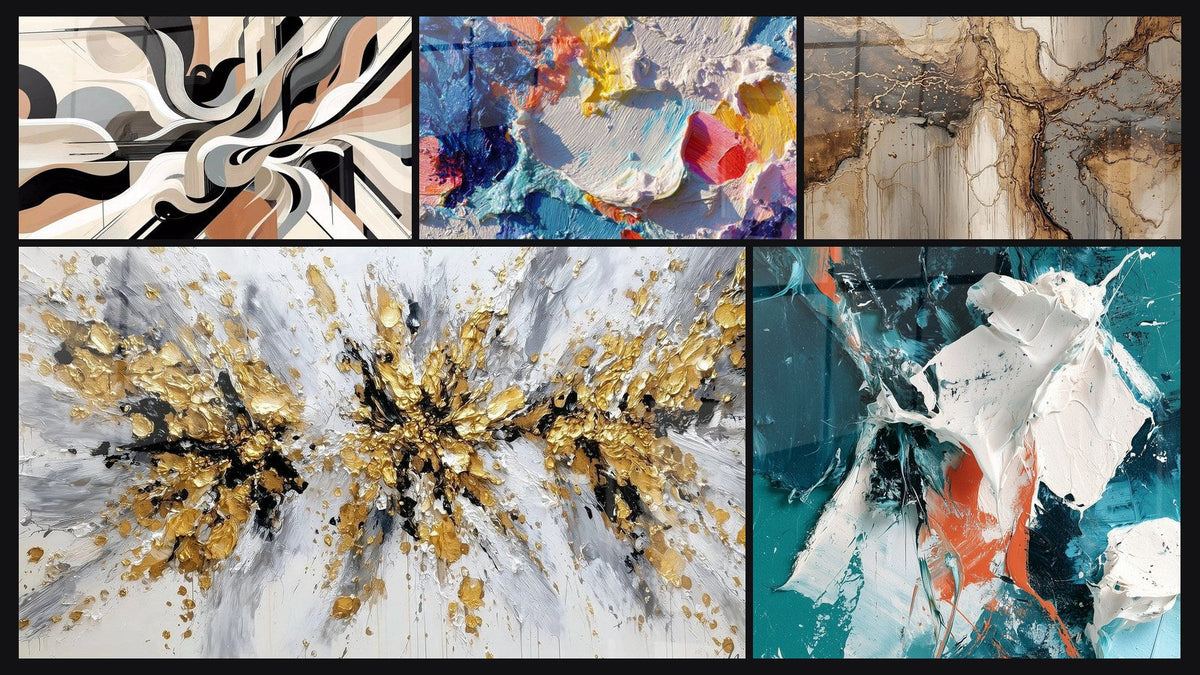 Mosaïque de cinq tableaux, dont Vibrations Graphiques et Explosion dorée et grise sur fond blanc