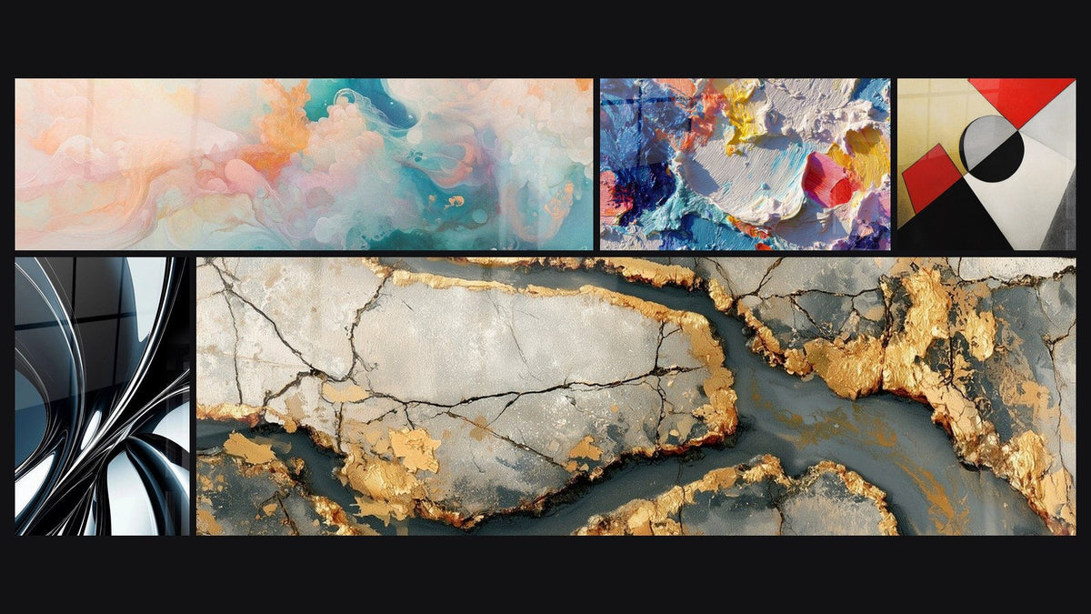 Mosaico di cinque quadri, tra cui Cumuli Flottanti Rosa, Di pittura astratta e A spirale in metallo cromato