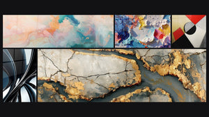 Mosaic of five paintings, including Cumulus Floating Pink, Metallic chrome spiral and Colorful geometric shapes