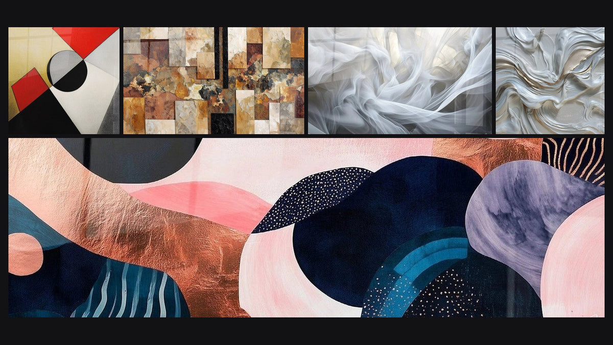Mosaïque de cinq tableaux, dont Formes géométriques colorées, Voiles de Lumière et Abstrait tourbillons blanc nacré et doré