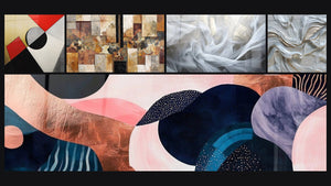 Mosaïque de cinq tableaux, dont Formes géométriques colorées, Voiles de Lumière et Abstrait tourbillons blanc nacré et doré