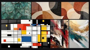 Mosaic of five paintings, including Fractured Earth, Colorful geometric composition and Structured Disorder Abstract