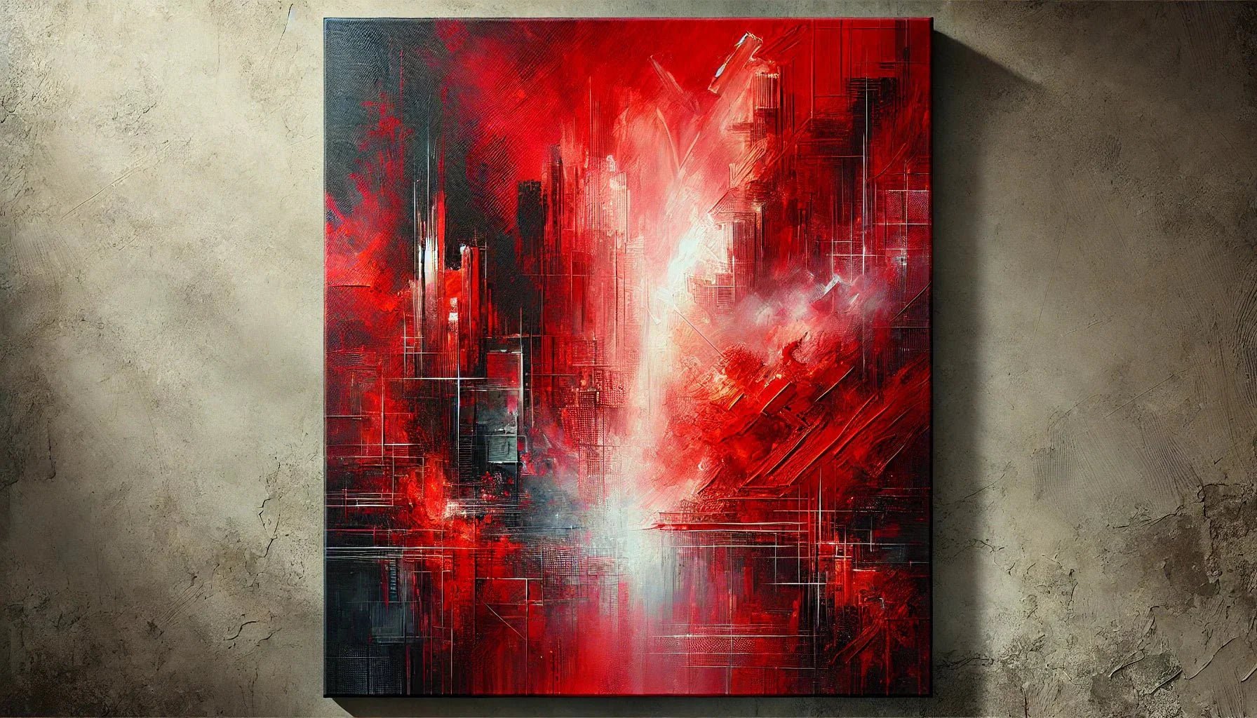 Tableau d’art abstrait moderne rouge, jouant sur la lumière et les contrastes pour une œuvre d’art moderne dynamique et immersive, parfaite pour une décoration murale abstraite contemporaine.