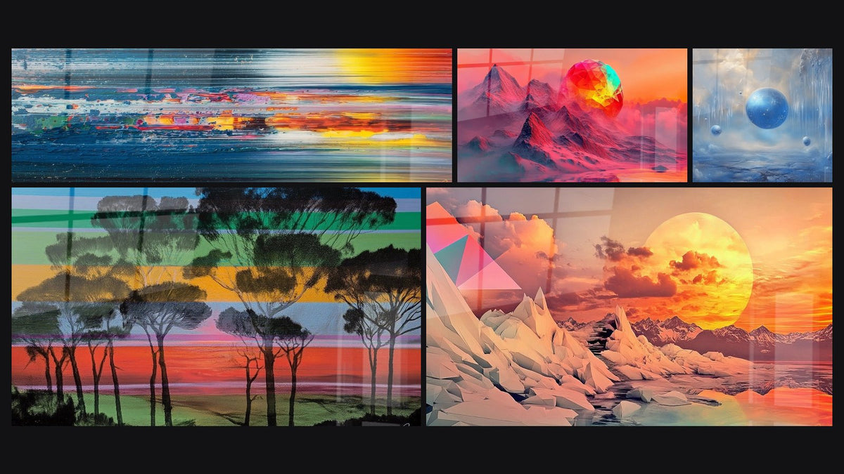 Mosaico di cinque quadri, tra cui Paesaggio astratto, Paesaggio Spettro Frammentato e Paesaggio futuristico cristallino