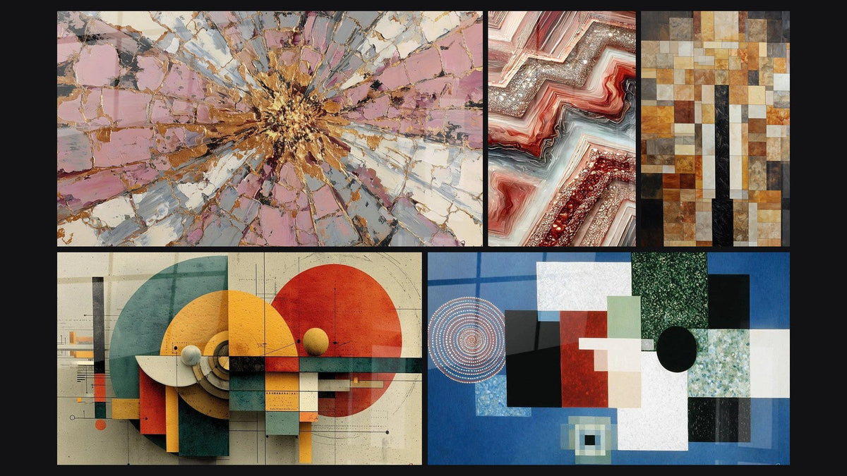 Mosaico de cinco cuadros, entre ellos Explosión Rosa y Oro con Centro Radiante y Geométrico Revolución Circular