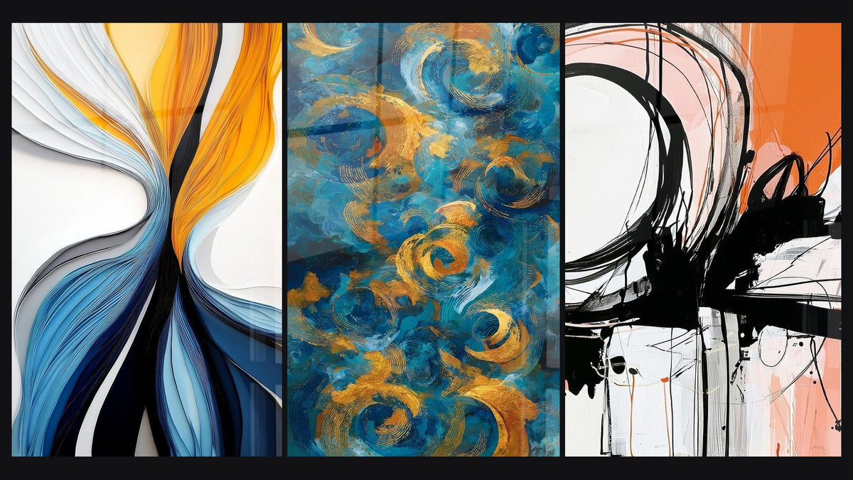 Mosaico di tre quadri, tra cui Flux dinamici colorati di e Tourbillon dorati