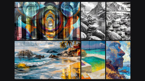 Mozaïek van zes schilderijen, waaronder Abstracte gotische kathedraal, Tropische Zonsondergang en Bergmeer