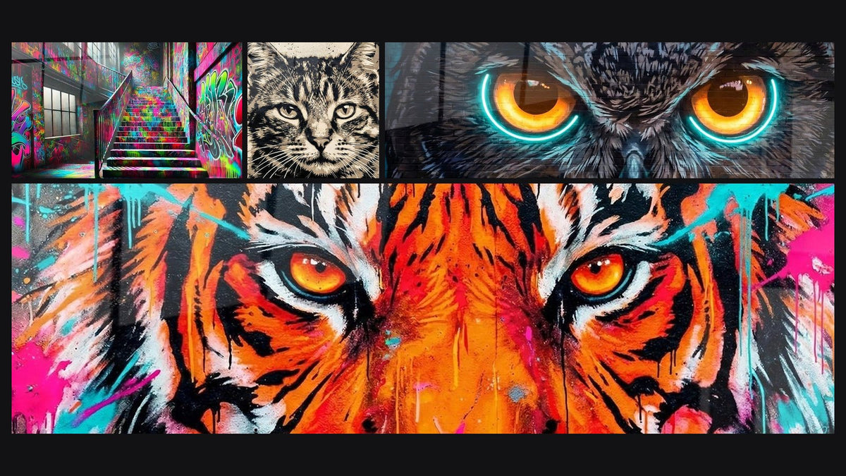 Mosaico di quattro quadri, tra cui Gatto con sguardo penetrante beige e nero