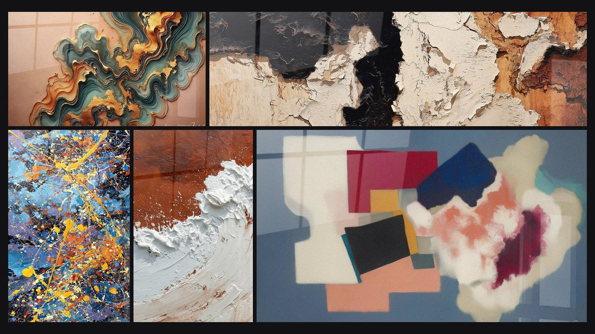 Mosaik aus fünf Gemälden, darunter Kupferwelle, Farbexplosion und Geometrische Formen Poesie Quadrat