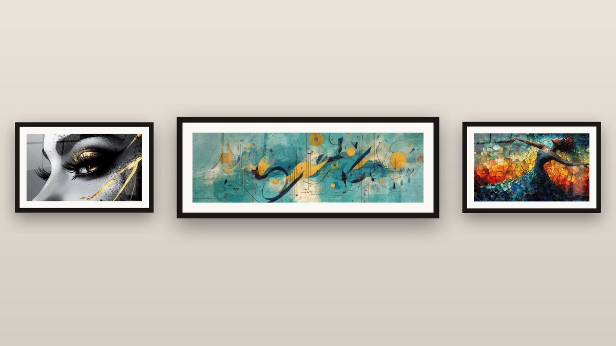 Gallery wall with three framed paintings: Abstract Composition, Golden Tear Eye and Dance Fire Liberation Red