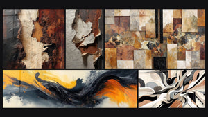 Mosaic of five paintings, including Contrasted Symphony Black and Graphical Vibrations