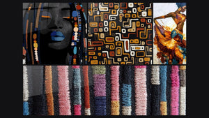 Mosaico de cuatro cuadros, entre ellos Retrato Mujer Africana, Tejido multicolor y Motivos Geometricos