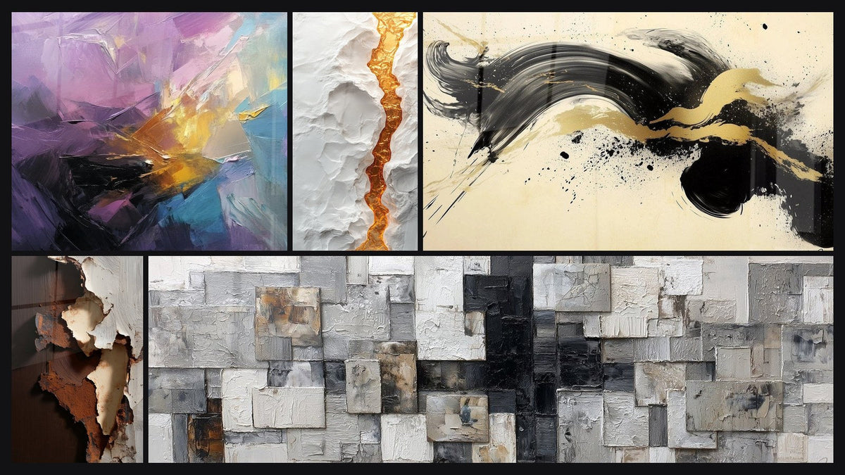 Mozaïek van vijf schilderijen, waaronder Abstracte gekleurde explosie en Gepassioneerd Elan" Zwart