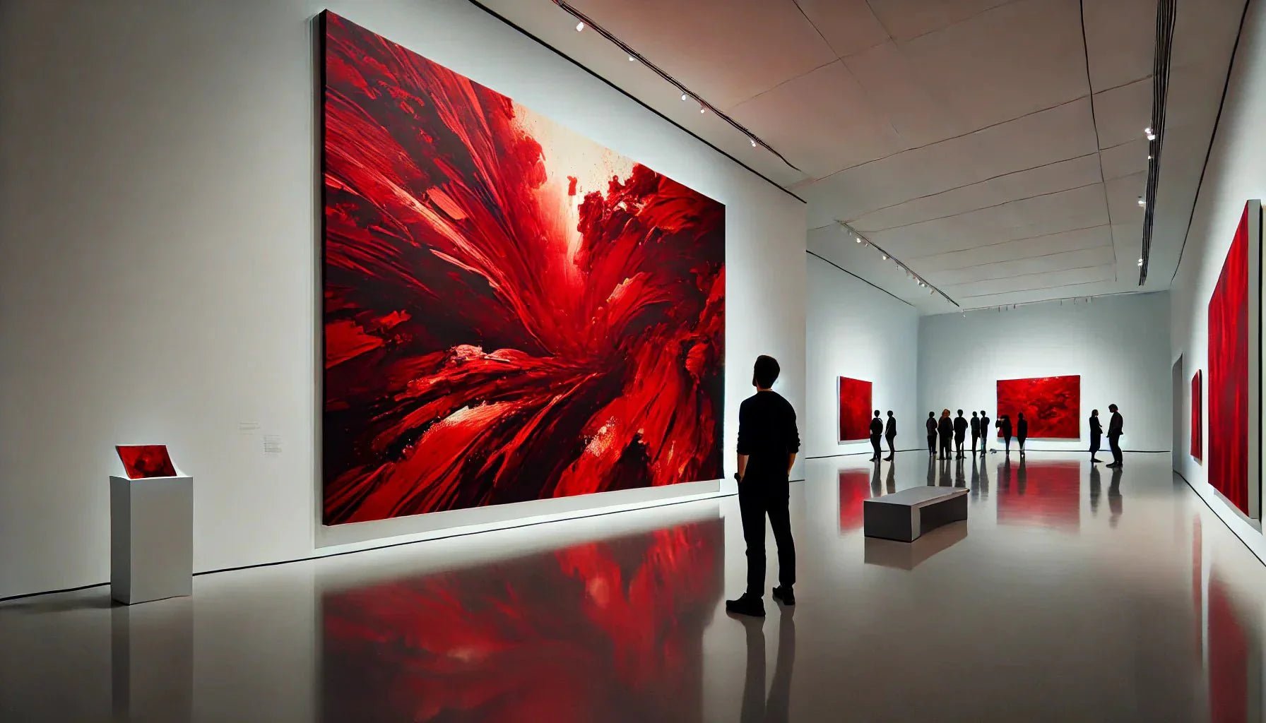 Tableaux et peintures abstraites rouges exposés dans un musée d’art contemporain, mettant en valeur l’intensité des couleurs vives et la profondeur des compositions abstraites.