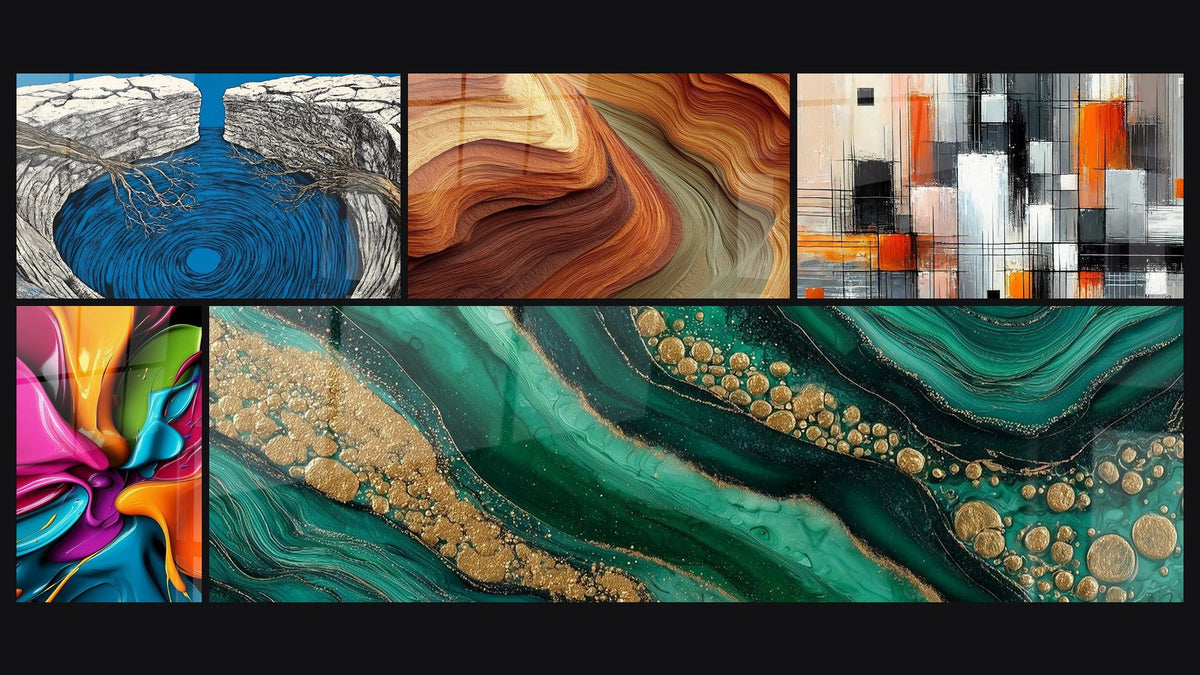 Mosaic of five paintings, including Rocky water hole, Fluid Color Explosion and Mechanics of Colors